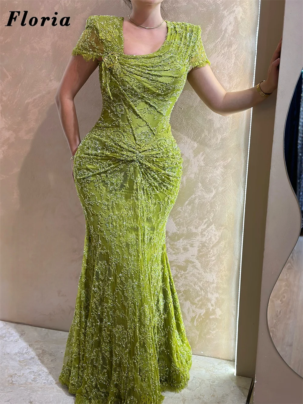 New Elegant Green Lace Pearls Evening Dresses O Neck Mermaid Homecoming Graduation Dress Robes De Soiree Party Gowns Customized