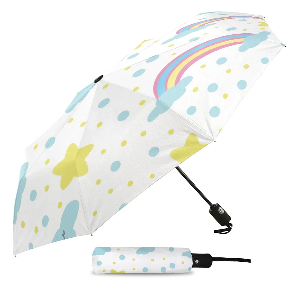 Rainbow White Clouds Stars Fully-automatic Umbrella for Outdoor Kids Adults Printed Umbrella Foldable Eight Strand Umbrella