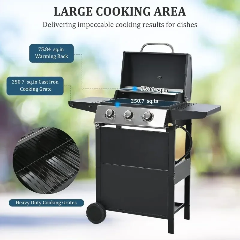 3-Burner Propane Gas BBQ Grill with Top Cover Lid, Wheels, and Side Storage Shelves & Built-in Thermometer, 25,650 BTU