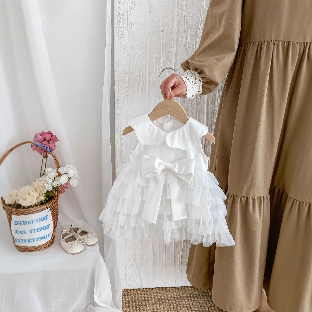 

Girls Doll Collar Cake Dress Summer New Mesh Solid Color Sweet and Cute Bow Sleeveless Princess Dress