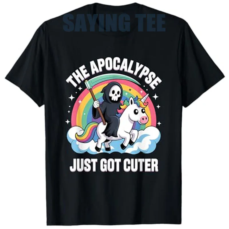

Cute Cartoon Grim Reaper Riding Rainbow Unicorn T-Shirt Funny Aesthetics Clothes The Apocalypse Just Got Cuter Saying Tee Y2k
