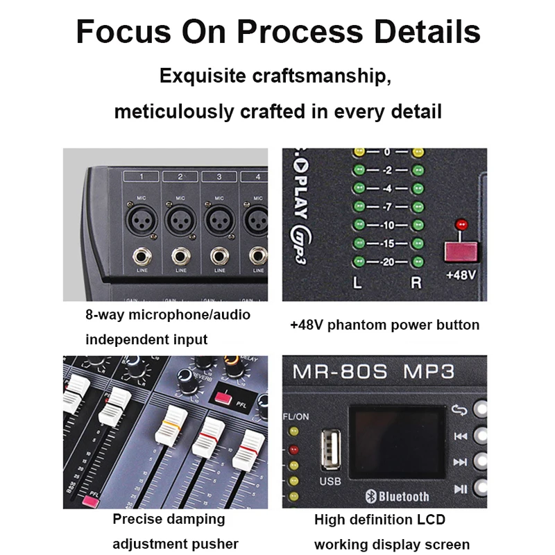 Professional Audio Mixer 8 Channel Mixing Console Bluetooth Sound Board USB Reverb For PC Stage Studio DJ Controller Podcast
