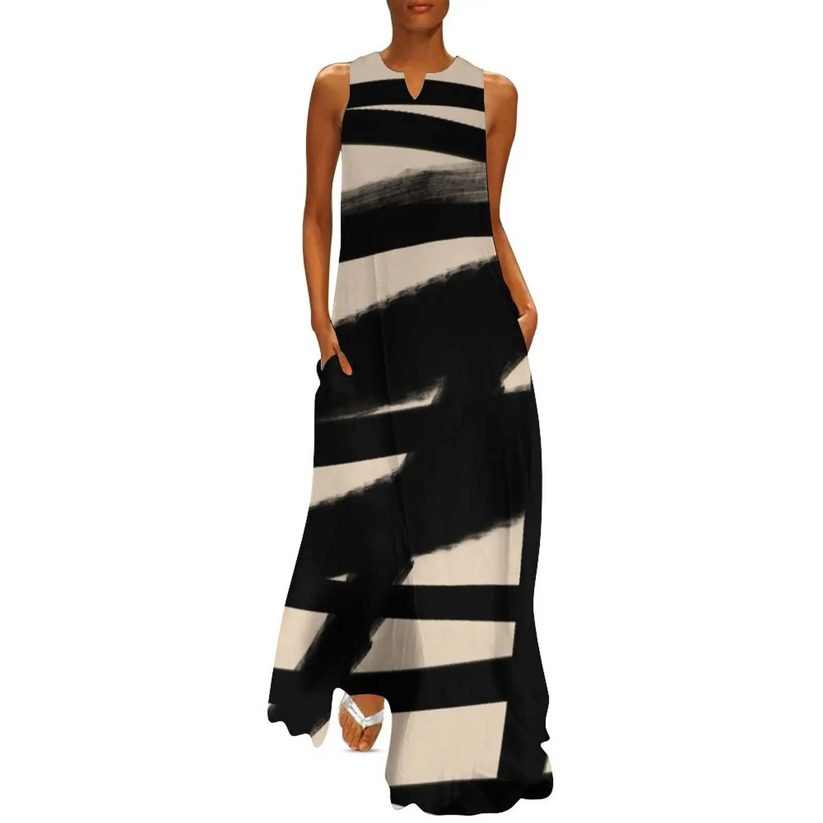 BLACK AND BEIGE Lines Graphic P. Soulages Spirit Long Dress birthday dress dress