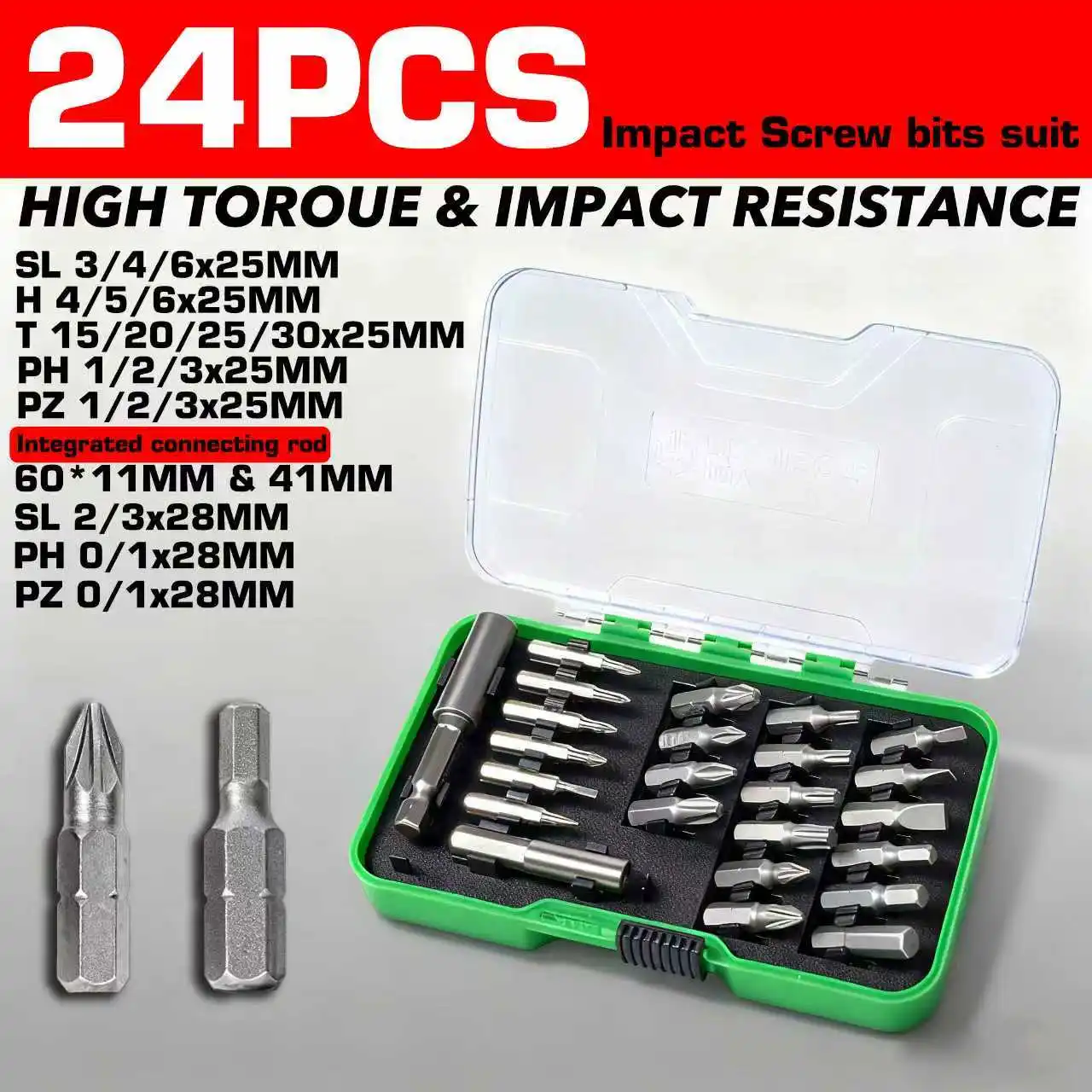 17/22/24-Piece Impact Screwdriver Bit Set, Includes High-Speed Steel Twist Drill Bits + Integrated Connecting Rod, High Torque and Impact Resistance, Suitable for Electric Drills / Electric Screwdrivers
