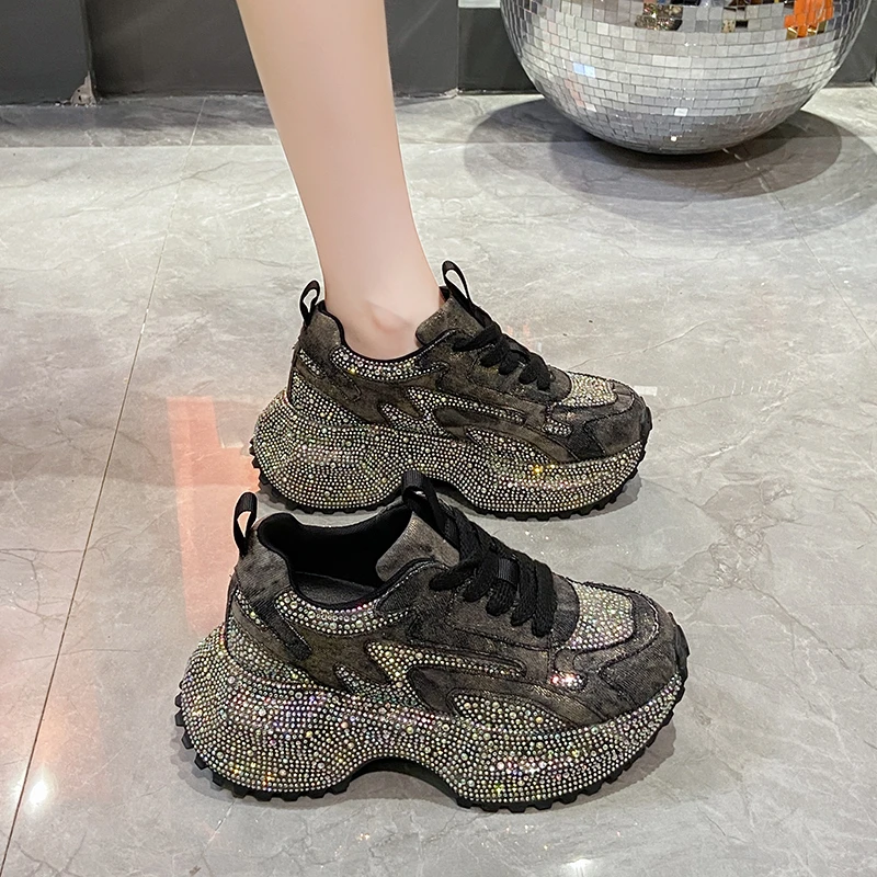 

High-quality Thick-soled Lace-up Rhinestone Fashionable, Versatile, Comfortable, Anti-slip and Breathable Women's Sports Shoes