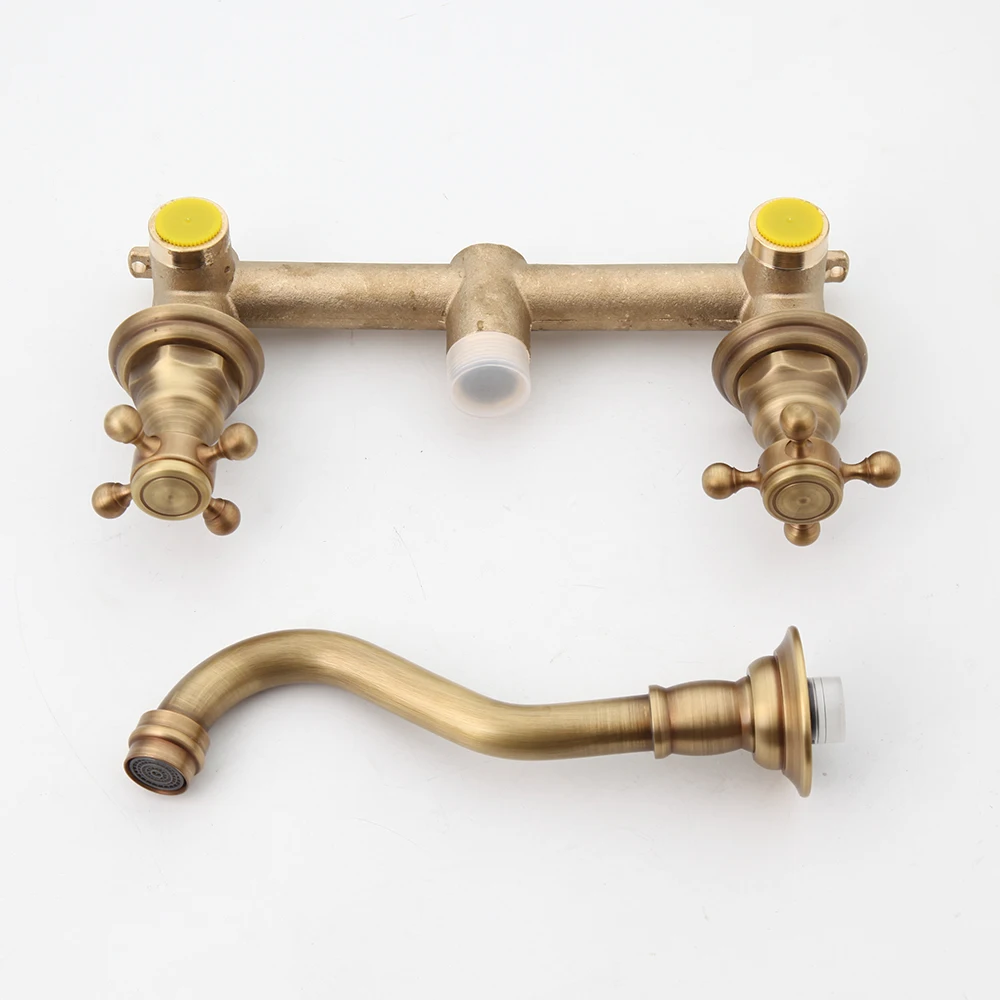 KEMAIDI Bathroom Faucet Antique Brass Wall Mounted Bathroom Sink Faucet 360 Swivel Spout 2 Cross Knobs Handles Basin Faucet Tap