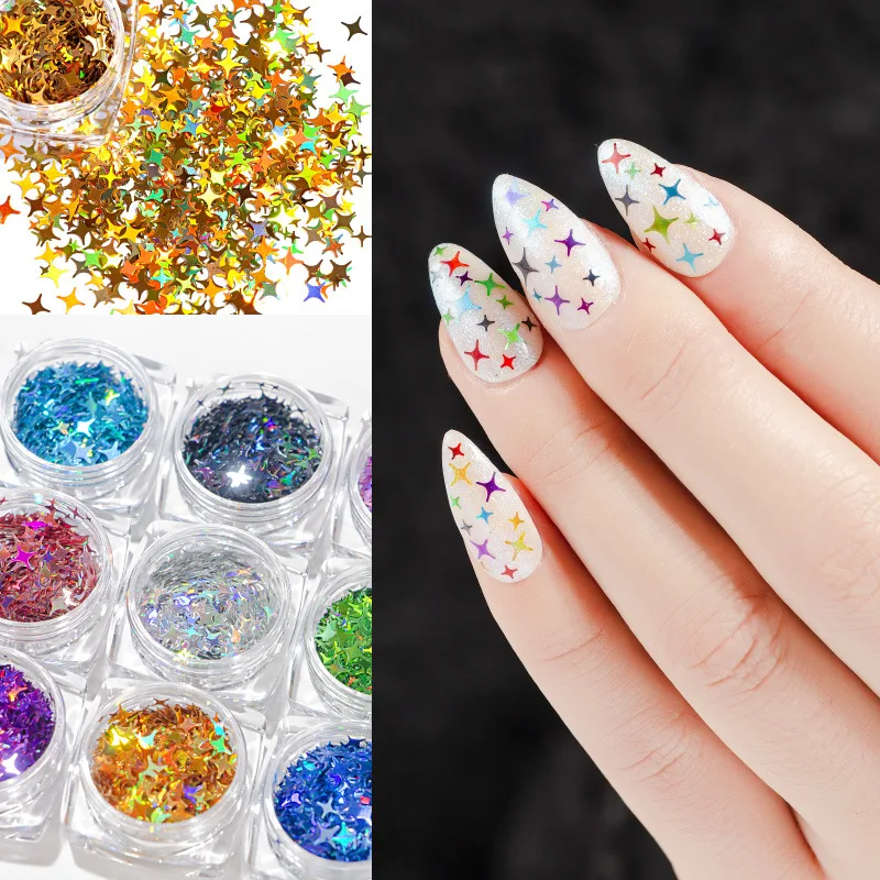 PrettyG 1 Set 12Color Box Mix Four-pointed Star Sequin Glitter Shape Holographic Color Glitter For Resin DIY Nail Art Decoration