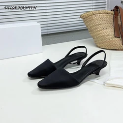 Elegant Kitten Heel Sandals Women Spring Summer Silk Pointed Head Slingback Shallow Slip on Office Ladies Party Wedding Shoes