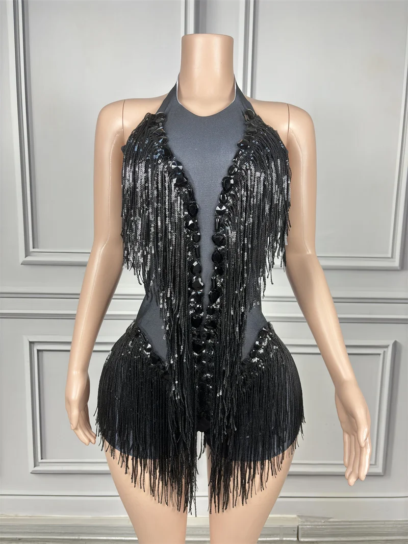 Strass-Pailletten-Quasten-Leotard Damen Nachtclub-Outfit Sängerin Tänzerin Kostüm Bühnenkleidung Sexy Geburtstags-Fotoshooting Bodysuit – Detail 9