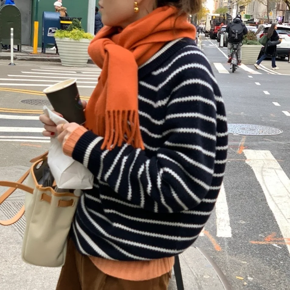 

Lerbe Высококачественный шерстяной повседневный вязаный свитер с отложным воротником в полоску, свободный крой, женский длинный пуловер све, осенняя мода