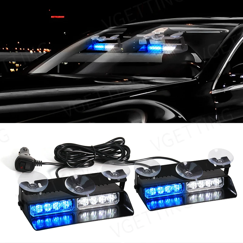 

Car Windshield Warning Lamp Assembly 2-in-1 16LED Emergency Strobe Lights Amber White Blue Interior Safety Flashing Lights 12V