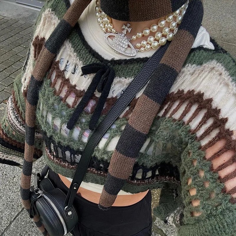 

Y2K Women Crochet Shrug Pullovers Sweater Crop Top Patchwork Crewneck Long Sleeve Hollow Out Grunge Tops Vintage Streetwear