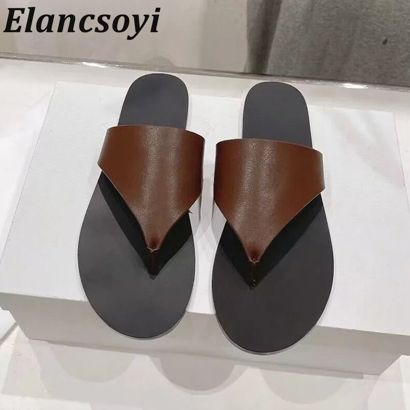 

Flat Bottom Thick Soled Flip Flops Slippers Women Open Toed Genuine Leather Sandals Female Summer Outdoor Beach Vacation Shoes