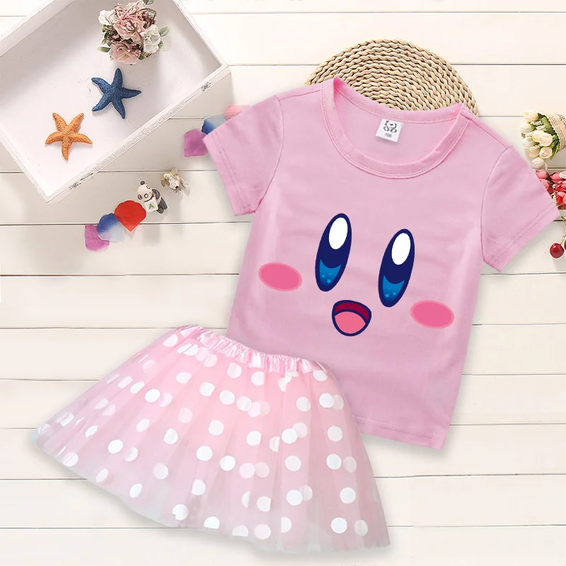 Star Kirbys T-shirt Dress Digit 1-9 Summer Fashion Set Polka Dot Printed Round Neck Kawaii Cartoon Pink Clothing Birthday Gift