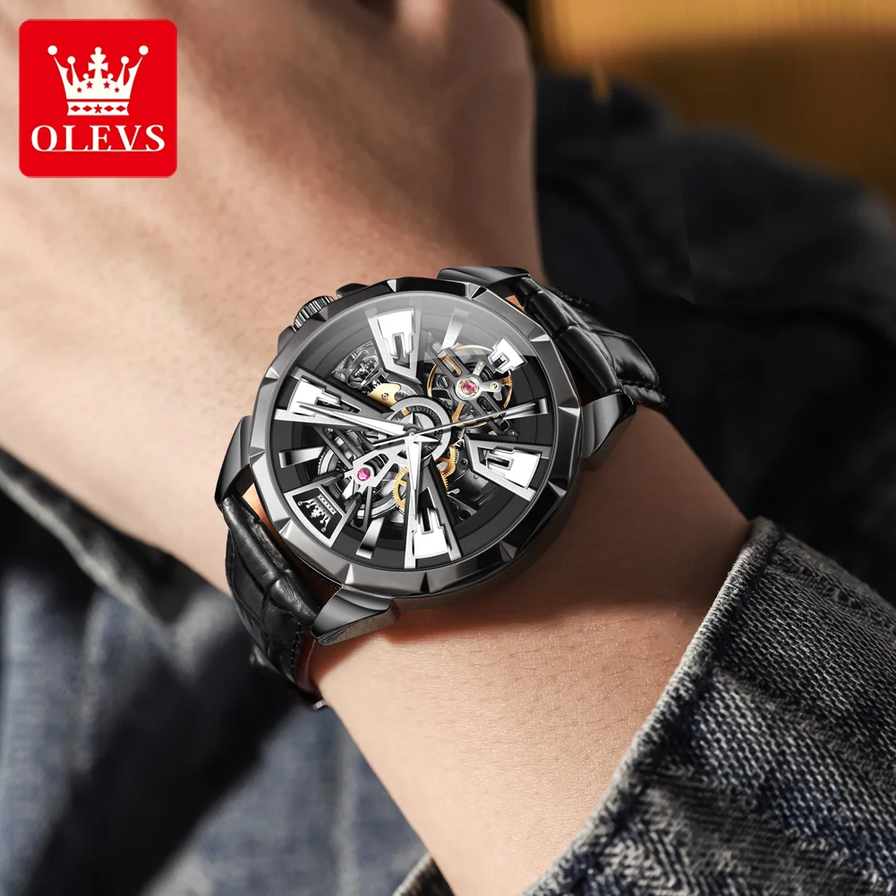 ساعة OLEVS Skeleton Tourbillon للرجال أوتوماتيكية ميكانيكية سوداء من الفولاذ ساعة جلدية ليلية متوهجة مقاومة للماء للرجال #2