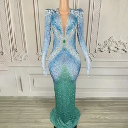 Luxury Rhinestones Sexy New Blue Long Sleeves Dress Women Evening Birthday Celebrate Party Dance Performance Photoshoot Dress
