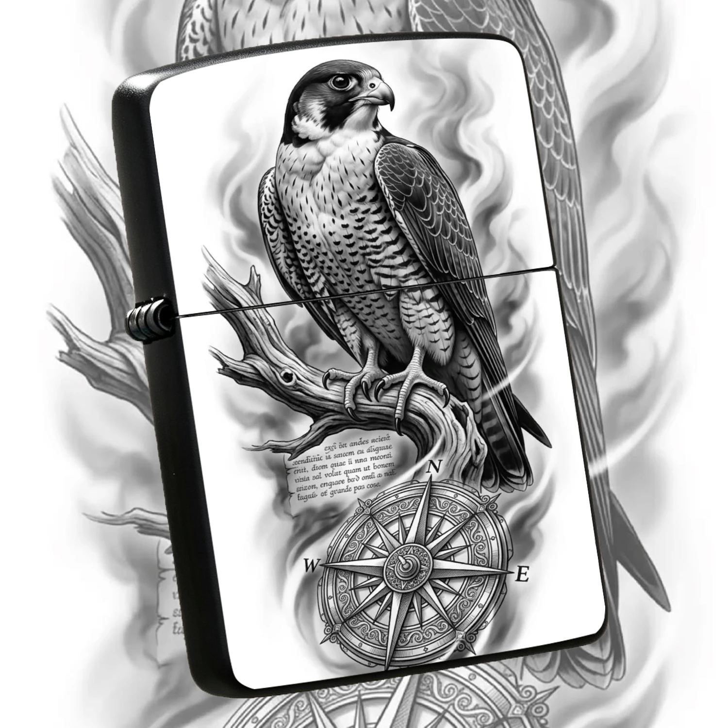 Vintage Peregrine Falcon Pattern Lighter, Exquisite Black Gray Sketch Art With Dead Wood And Nautical Compass Design, Portable Stylish All-Scenario Usable Accessory For Daily Use Outdoor Exploration, Unique Gifting Choice With Delicate Text