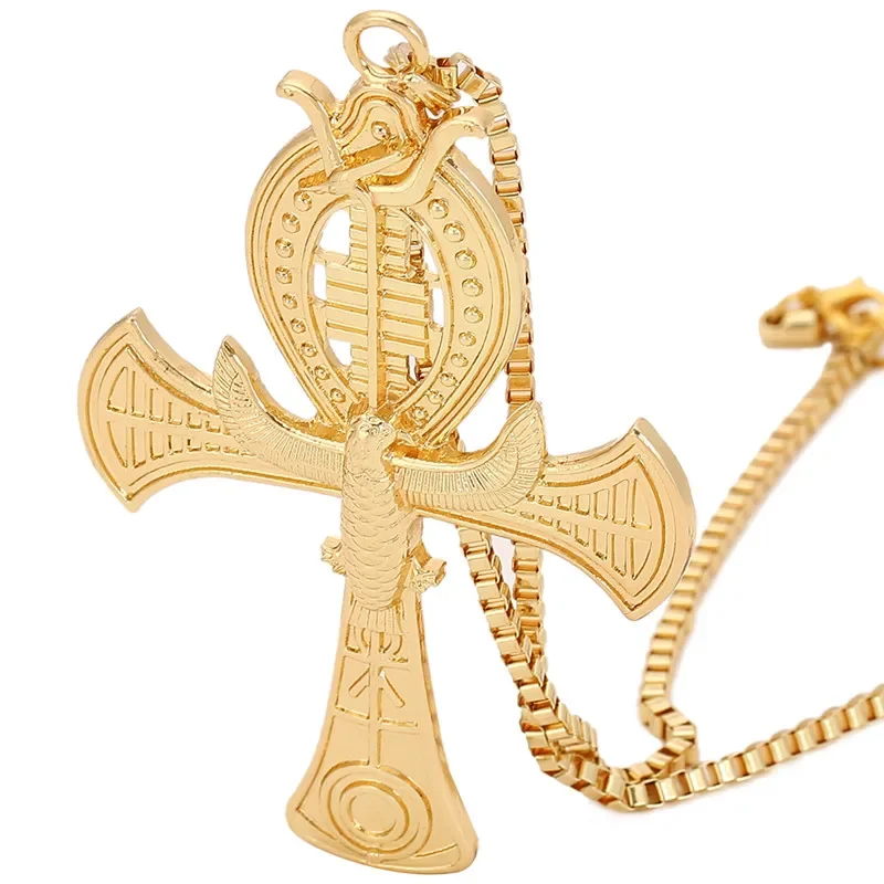 Ancient Ankh Cross Of Horus Egyptian Jewelry Male Eagle & Snake Design Pendant Necklace Gold-Color Hip Hop Chain Necklace Men