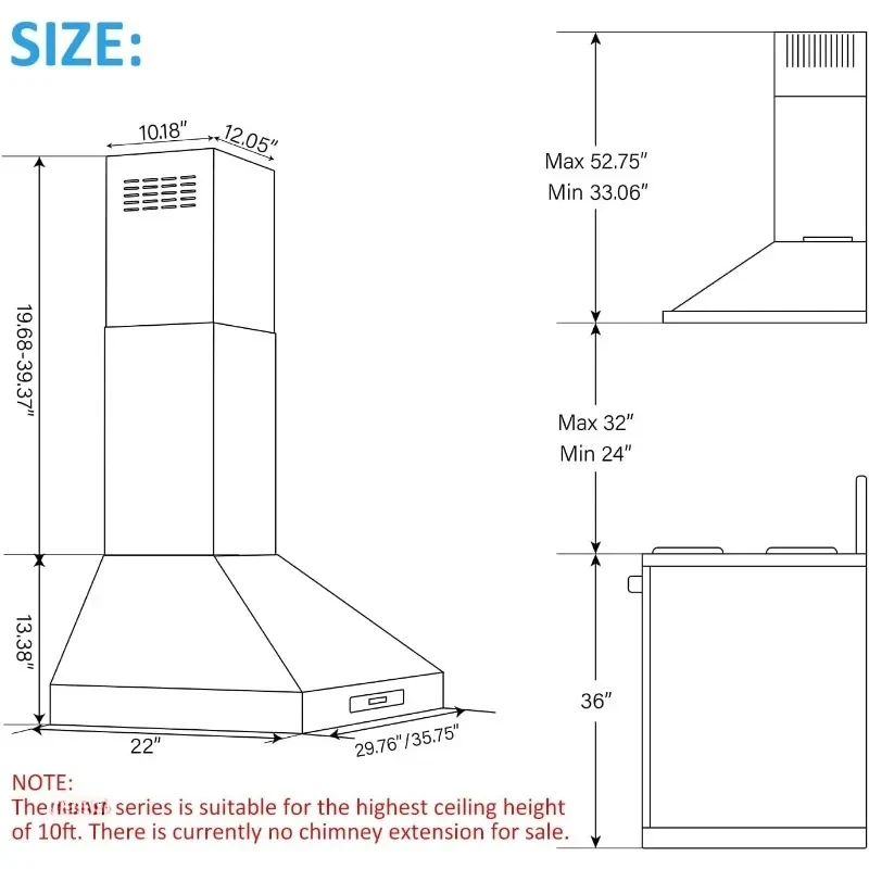 36-inch Wall Mount Range Hood, Kitchen Chimney Vent Stainless Steel with Gesture Sensing & Touch Control Switch Panel