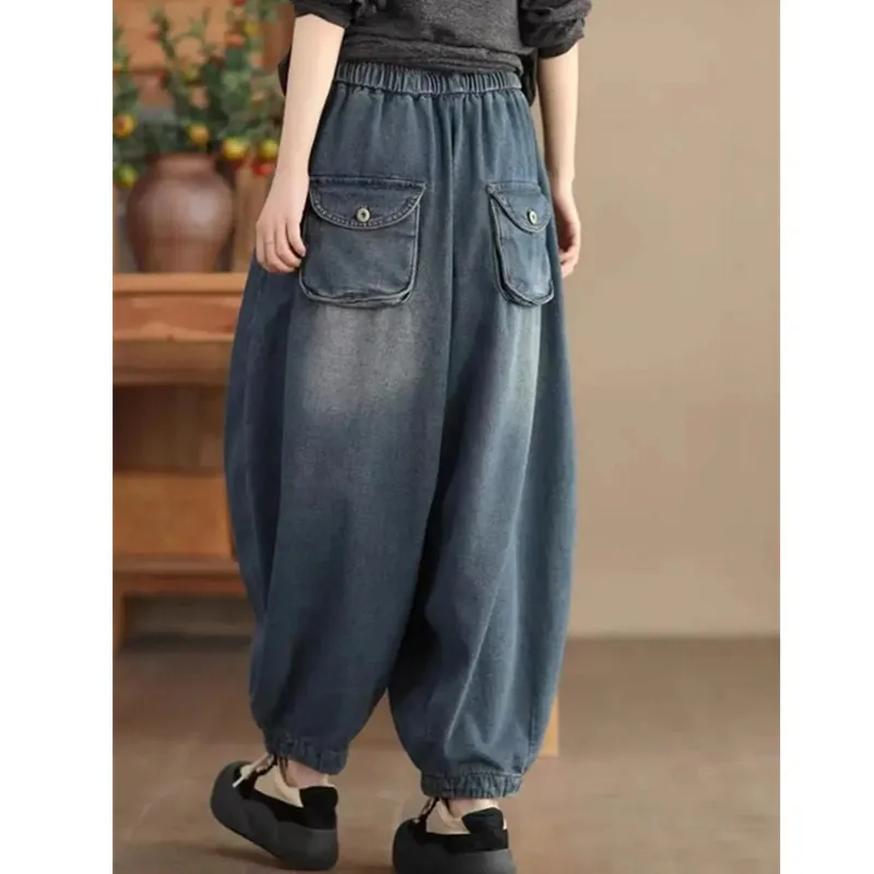 Übergroße frauen Jeans 2025, Frühling Herbst Neue Pendeln Lose Elastische taille Casual Denim Hosen Weibliche Hohe Taille Breite Bein Hosen