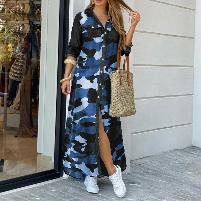 Casual Women's Summer Long Shirt Dress Large Size Spring Autumn Plus Size Long Sleeve Maxi Dresses Turn-Down Collar Sundress