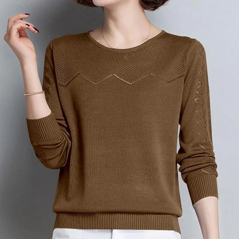 Women\'s Clothing Hollow Out Round Neck Casual T-shirt 2023 Spring Summer All-match Fashion Solid Color Knitted Pullovers Tops