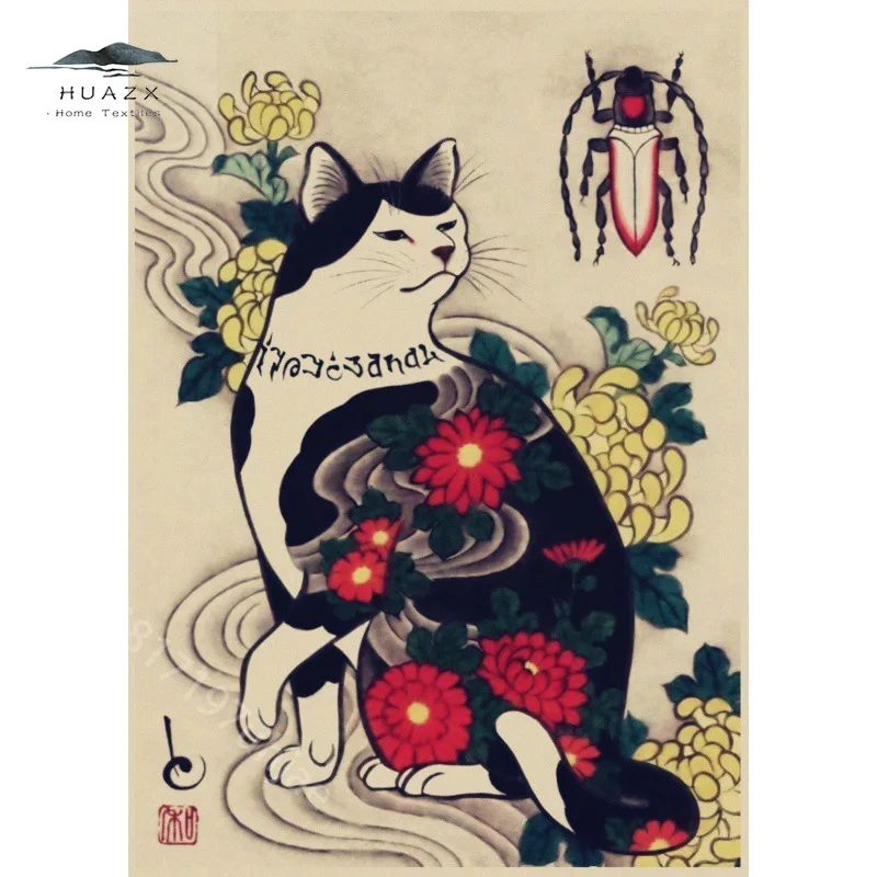 Japanese Tattood Cat Poster Kraft Paper Ukiyoe Samurai Tattoo Retro Decorative Painting Paintings Mural Wall Aesthetic Decor