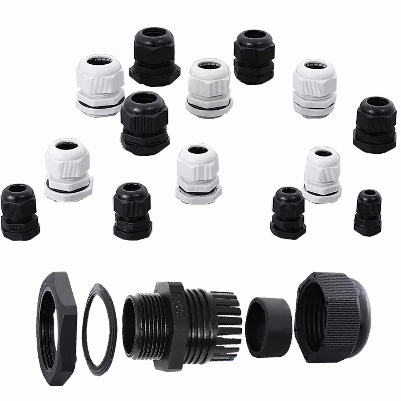 Waterproof Cable Gland 10pcs Cable entry IP68 PG7 for 3-6.5mm PG9 PG11 PG13.5 PG16 PG19/21/ White Black Nylon Plastic Connector