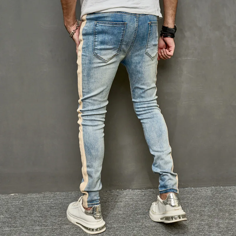 Jeans stretch monocromático masculino, calça jeans, patchwork, pés finos, calça de comprimento total, 2023