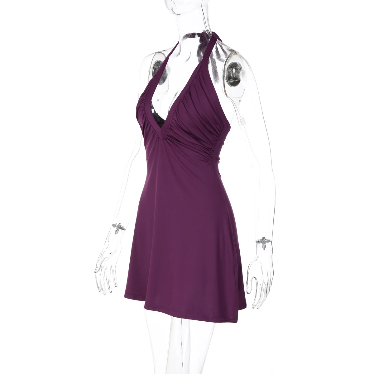 Hugcitar Damenmode V-Ausschnitt Einfarbiges Gerafftes Neckholder-Rückenfreies Schnür-Minikleid Sexy Sommerkleidung für Strand, Urlaub und Club – Detail 3