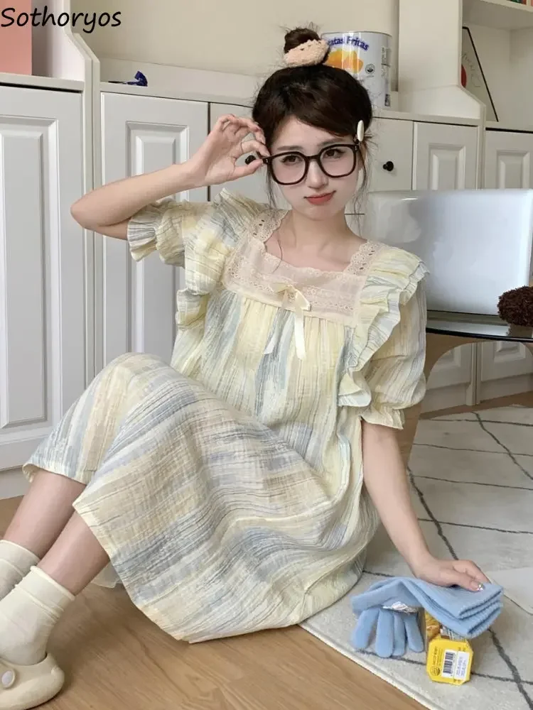 

Sweet Striped Nightgowns Women Simple Loose Summer New Design Elegant Ulzzang Square Collar Tender Casual Comfort Ins Sleepwear