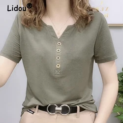 Women's Clothing Summer Fashion Simple Casual Basic T Shirts Y2K V Neck Buttons Tees Female Solid Short Sleeve Loose Casual Tops