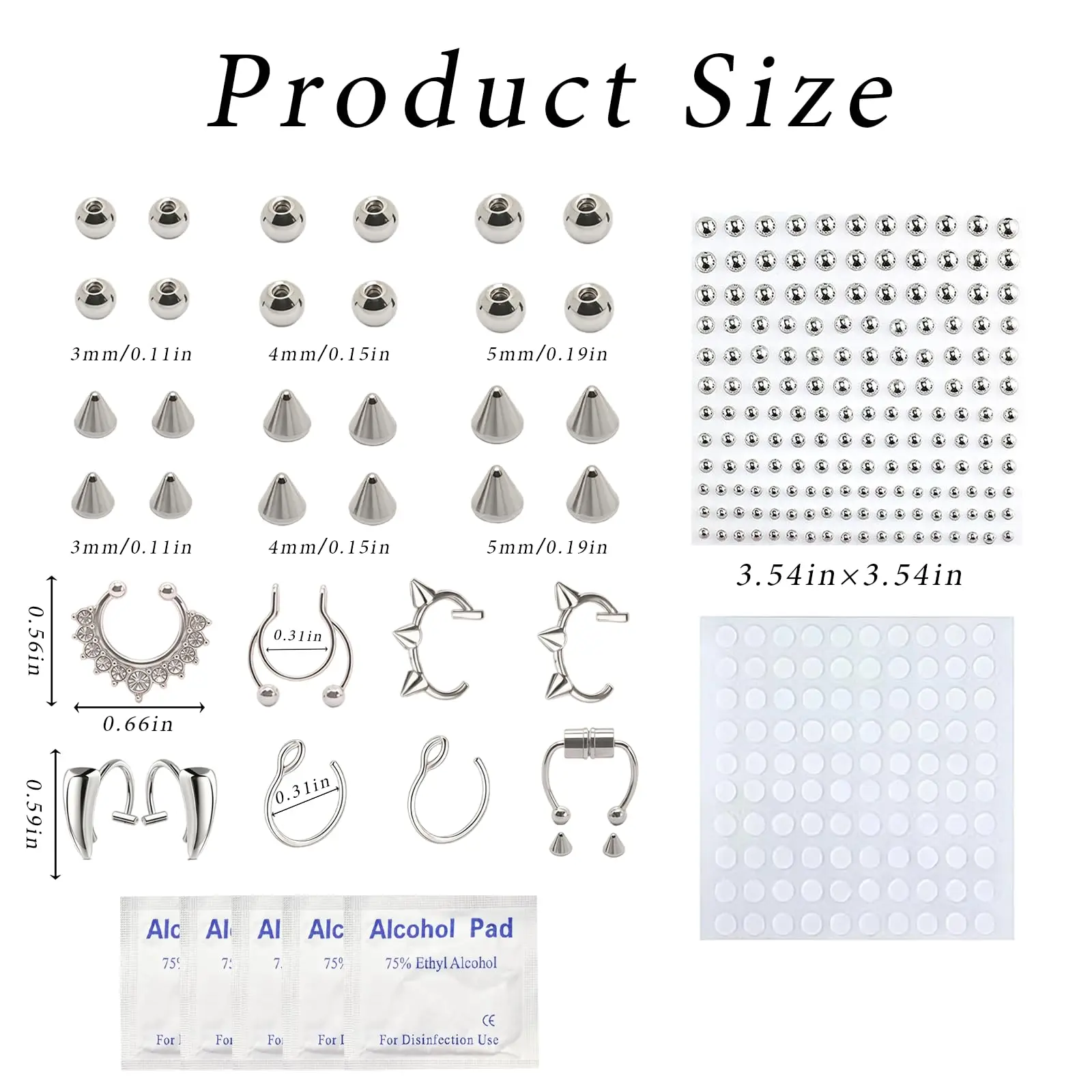 Non‑Piercing Fake Nose Septum Lip Ring Set, Stainless Steel Punk Hoops with Face Rhinestone Gems Tweezers Alcohol Pads Kit