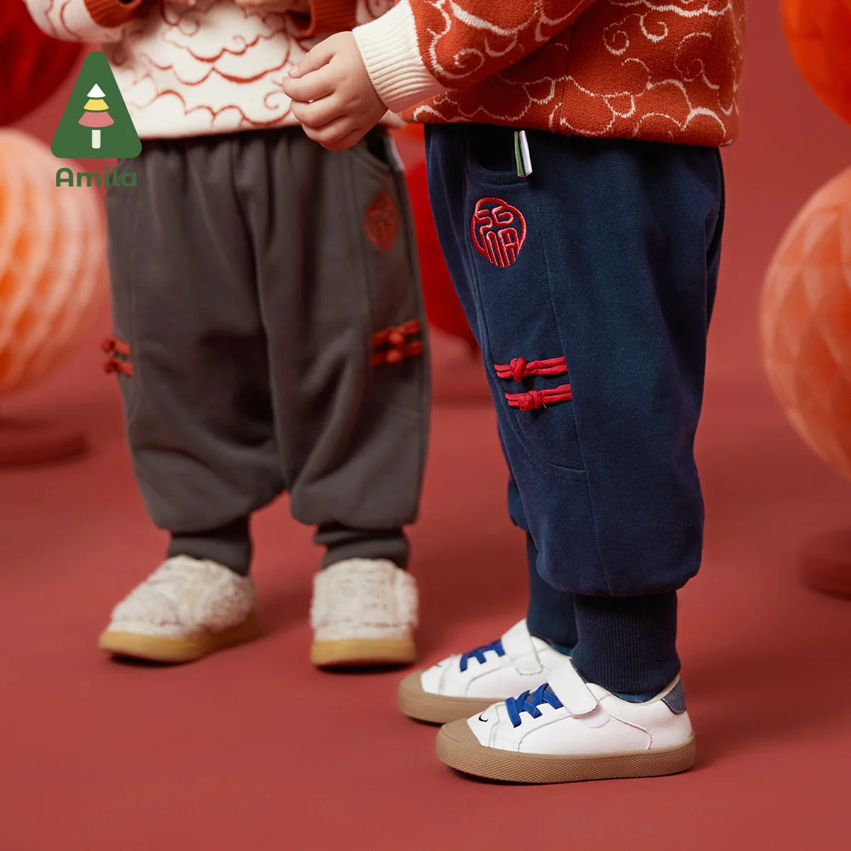 Amila Baby's  Pants 2024 Winter New Boys And Girls  Fashion Casual  Solid Color Pant With  Kink Flower Splicing Trousers