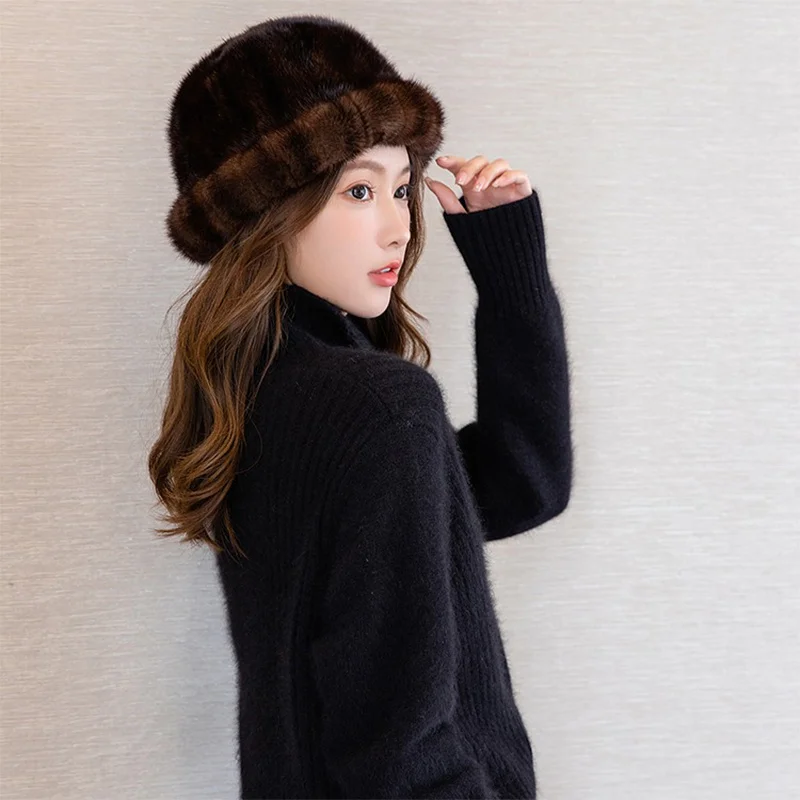 New Women's Korean Thermal Hat Luxury 100% Mink Hair Casual Hat Thickened Outdoor Windproof Fashion Fur Hat 2023