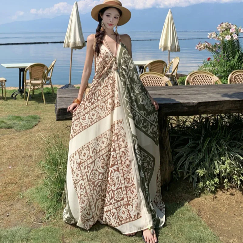 Abito lungo da vacanza Boho con stampa vintage per donna Sexy scollo a V Sling femminile 2025 Abito da spiaggia allentato casual nuova estate