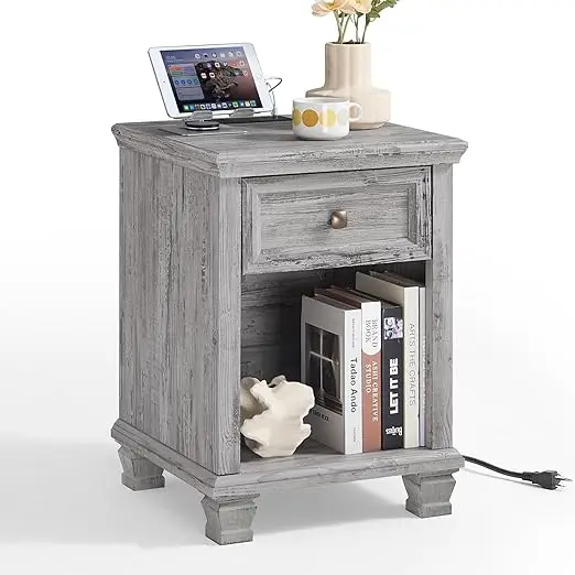 

armhouse Side Table with Charging Station, Rustic Wood End Table with Der, Small Nightstand with Open Shel or Bedroom, End Table