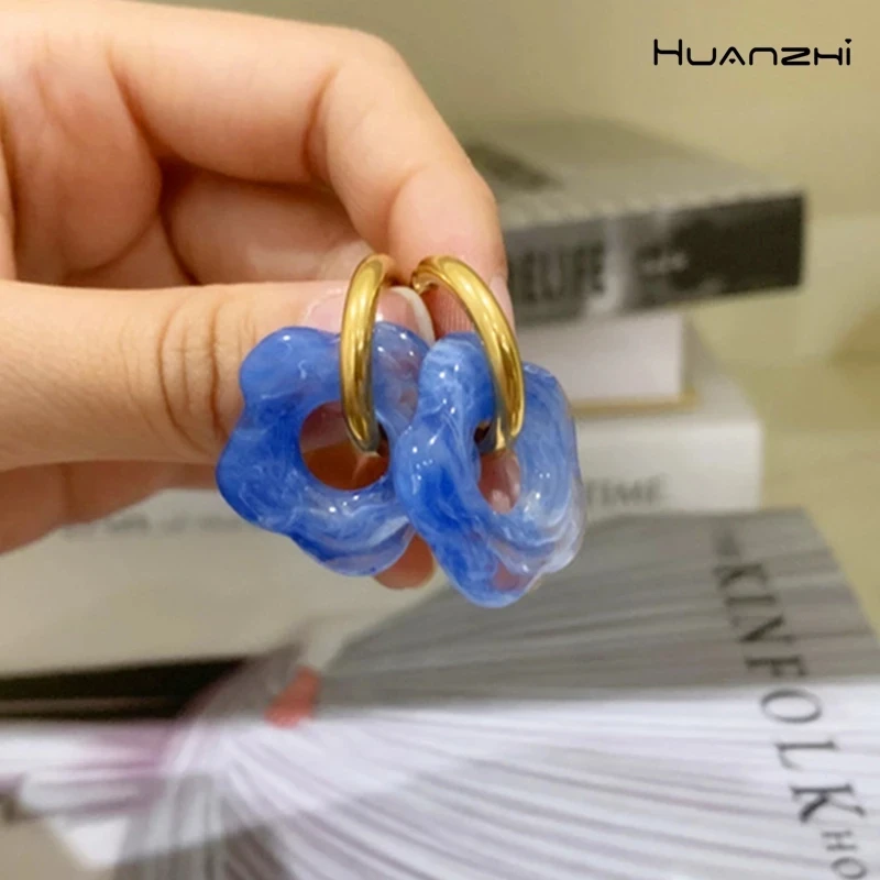 HUANZHI 2021 Colorful Acrylic Flower Resin Drop Earrings Gold Color Circle Hollow For Women Girls Jewelry Minimalist Gifts