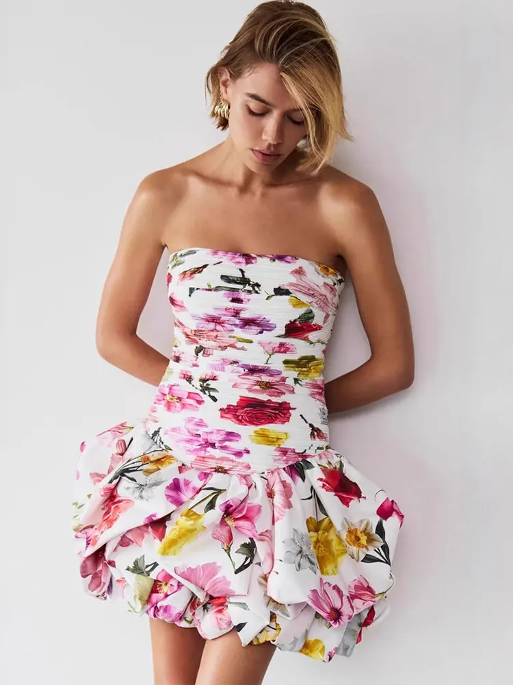 GACVGA เซ็กซี่ Strapless พิมพ์ Ruffles พับ Deign Mini A-Line ชุดผู้หญิง Elegant Patchwork Club Party ชุดราตรี