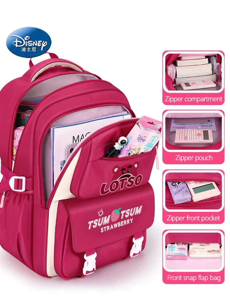 Ransel kartun Disney Lotso anak perempuan 6-15 tahun, tas punggung kapasitas besar siswa merah muda stroberi untuk anak perempuan 6-15 tahun