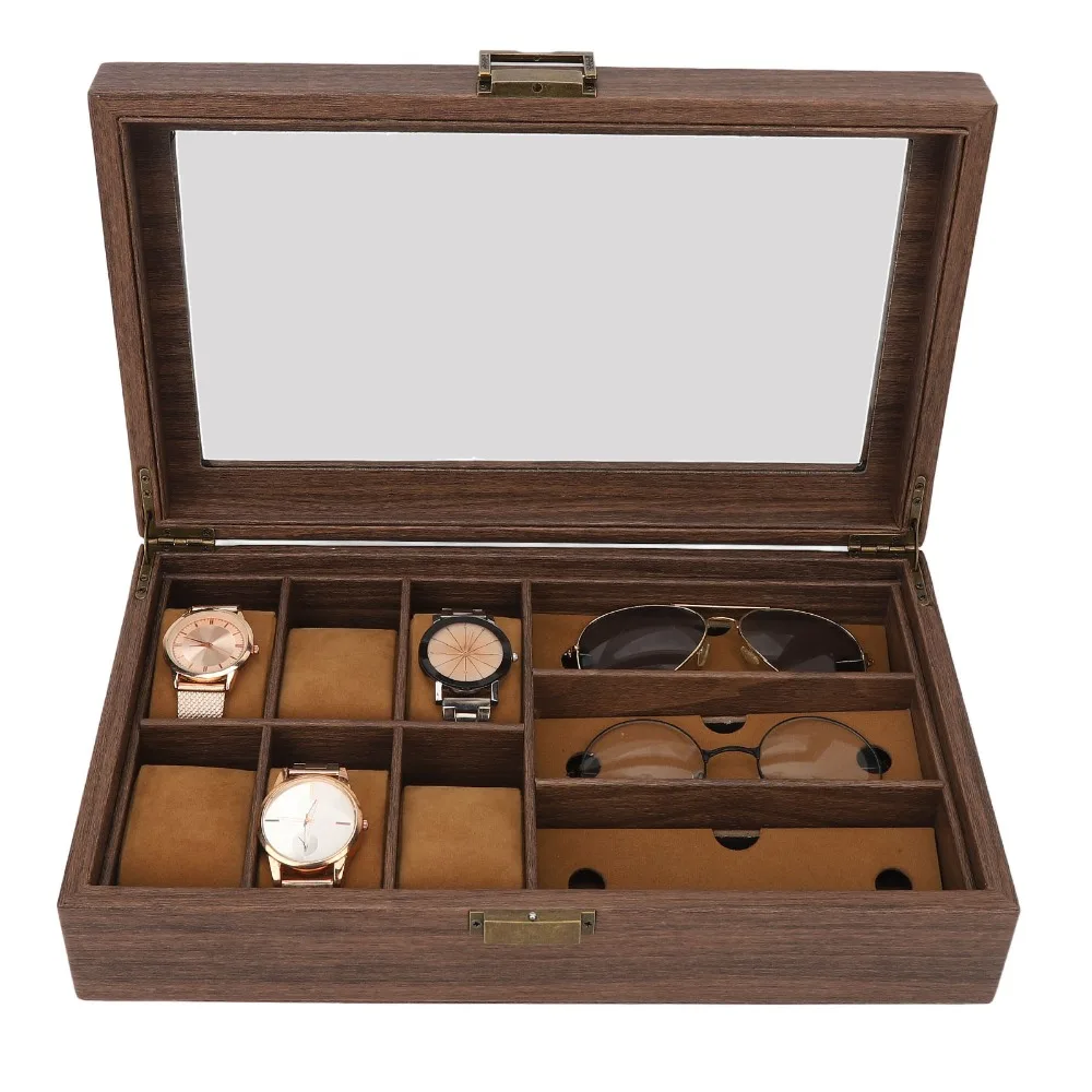 Wood Grain Watch Storage Box Multi Slot Transparent Glass Lid Jewelry Organizer Box Soft Inner Lining Metal Latch