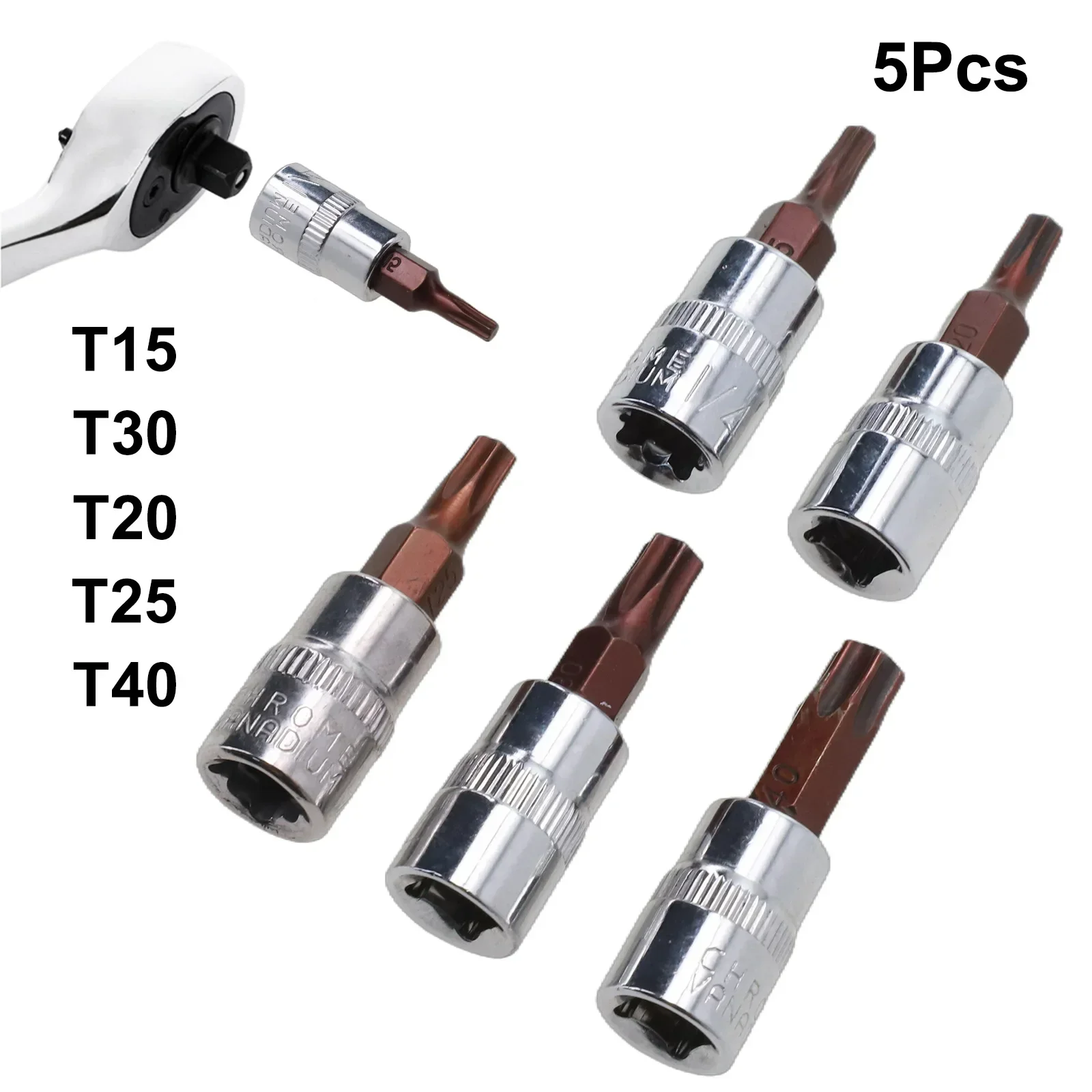 5pcs Torx Screwdriver Sockets Bits Set 1/4 Inch Drive Socket Ratchet Socket Wrench Adapter Hand Tools T15 T20 T25 T30 T40