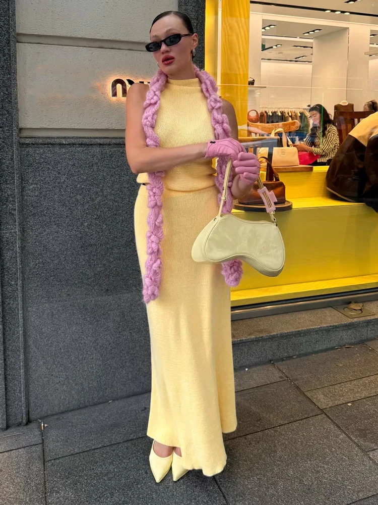 

Elegant Knitwear 2 Piece-Set Long Dress Female Ribbed Sweater Pullover And Loose Patchwork Maxi Skirt Sets Ladies Outfits