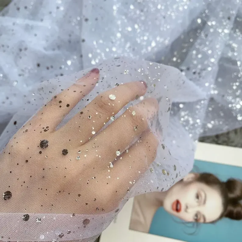 Silver Sequins dot pattern Lace Fabric glitter dot Soft white Tulle Fabric For Girl Dress Tutu Dress Wedding Dress Bridal