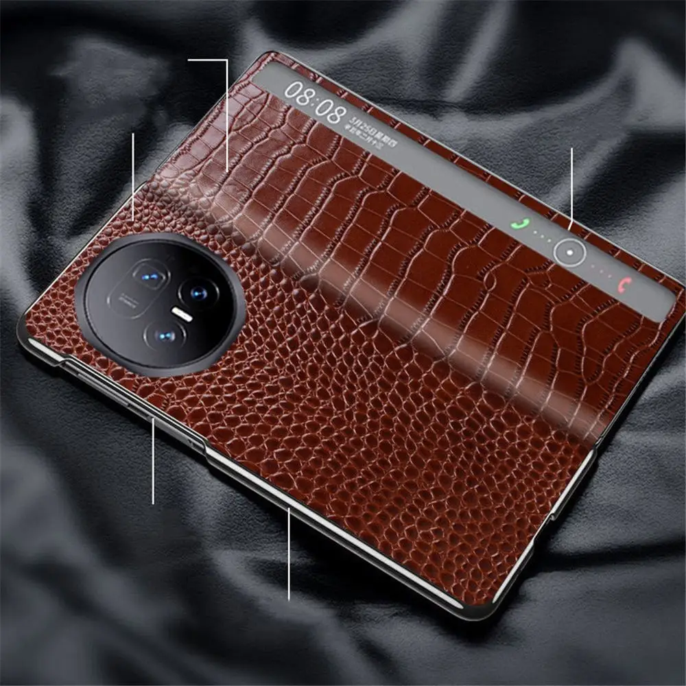 Natural Cowhide Leather Crocodile Flip Case for Honor Magic V6 V5 Smart Window View Cover