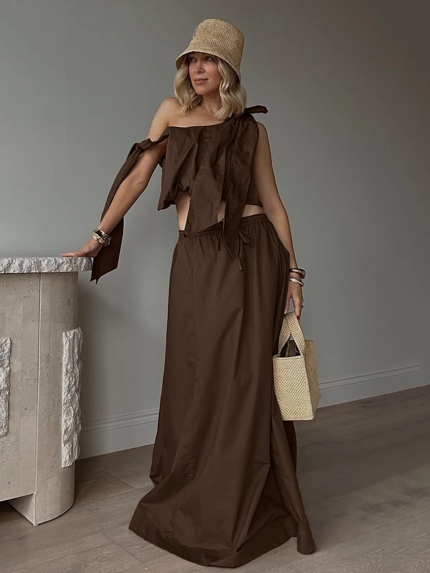 

Marthaqiqi Casual Ladies Pajamas 2 Piece Suit Tank Tops Sleepwear Crop Top Nightgowns Backless Nightwear Long Skirt Home Clothe