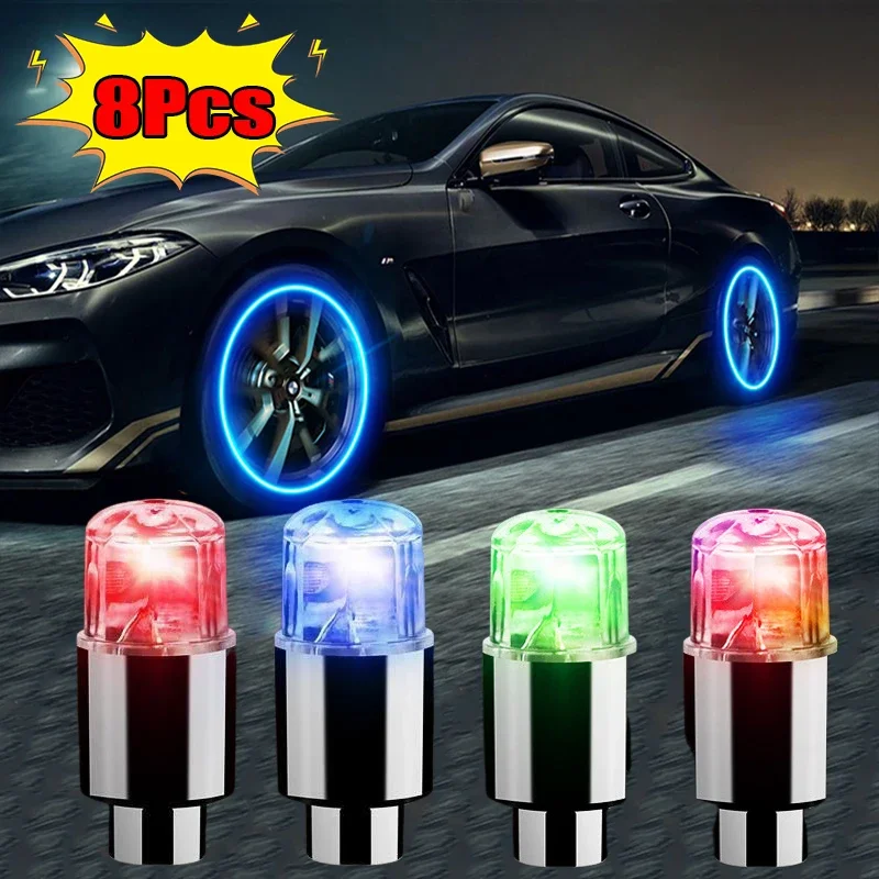 8Pcs Colorful Car Tire Valve Caps LED Car Motorcycle Cycling Wheel Hub Tyre Neon Light Lamp Wheel Caps Auto Tyre Accessories