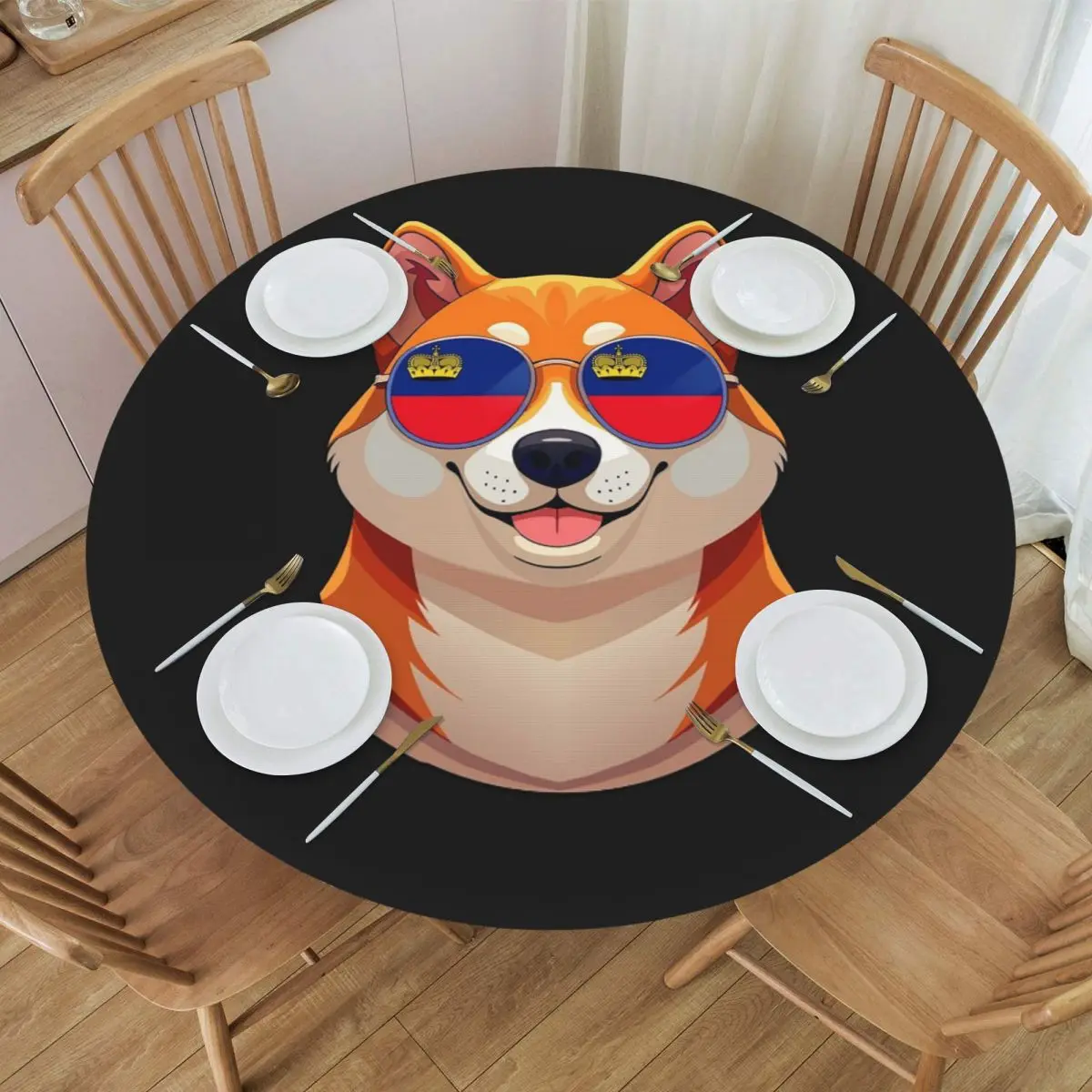 Vintage Patriotic Shiba Inu Liechtensteiner Flag Waterproof Round Tablecloth Table Cloth for Kitchen Events Dining Table Cover