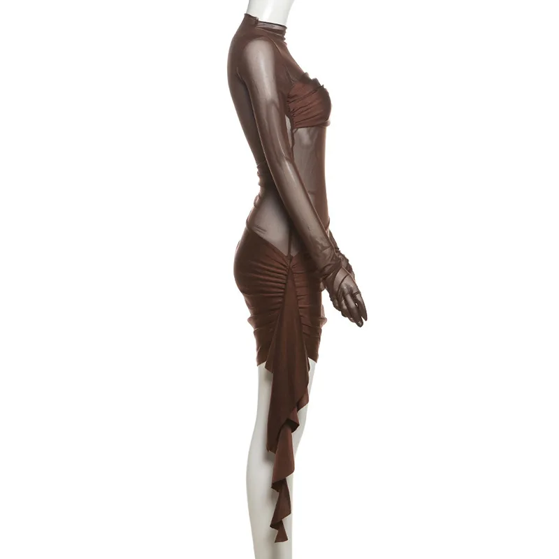 فستان قصير غير منتظم للعطلات على الشاطئ شبكي شفاف ملابس نسائية Y2K ملابس خروج صيفية بأكمام طويلة فساتين ضيقة جديدة