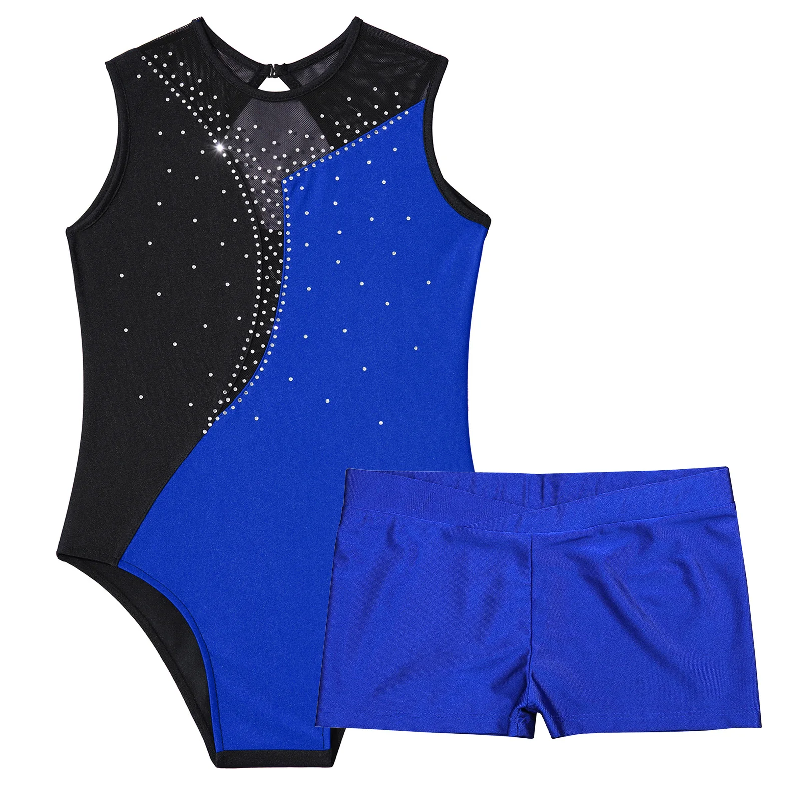 Collant de dança sem mangas com strass brilhante para crianças, bodysuit de ginástica com shorts, roupa dançante para meninas